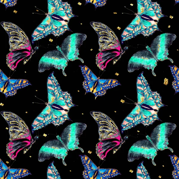 Hawaiian Tropical jungle colorful watercolor hand drawn butterflies seamless pattern