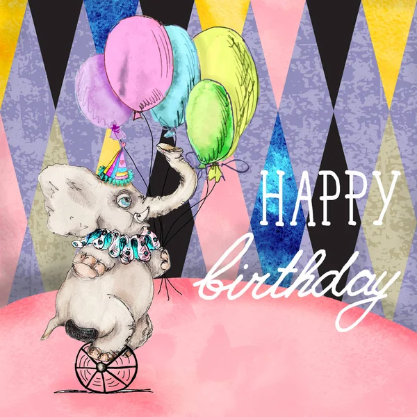 Vintage Circus Baby Elephant Balloons Watercolor Drawing Greeting Card Illustration — Stock Photo, Image