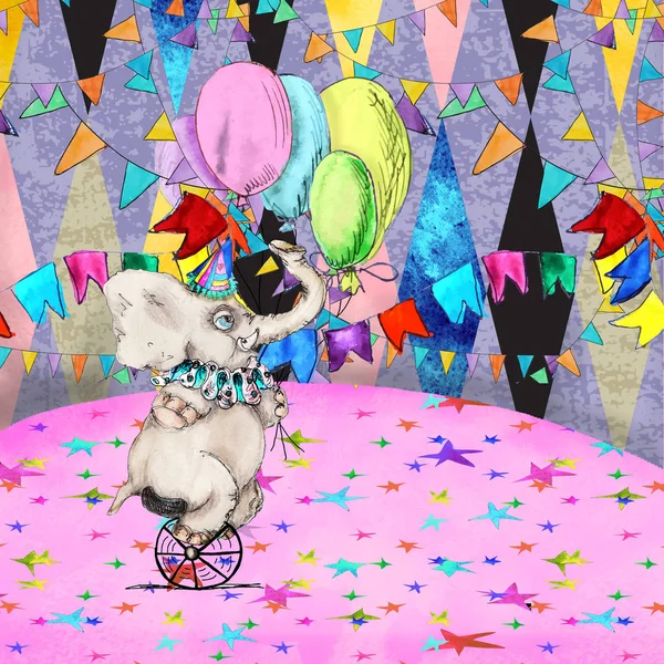 复古马戏团小象与气球水彩画贺卡插图 — 图库照片