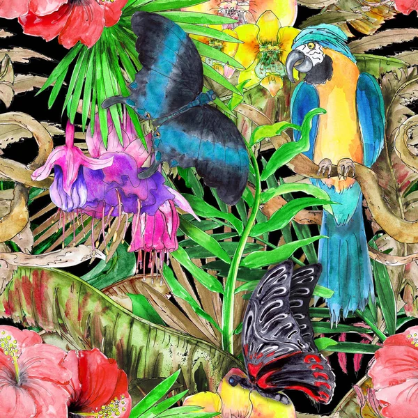 夏威夷热带丛林五颜六色的水彩手画无缝图案与植物和蝴蝶 — 图库照片