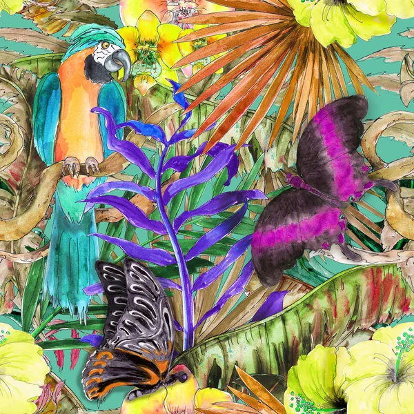 Hawaiian Tropical Jungle Colorato Acquerello Disegnato Mano Senza Soluzione Continuità — Foto Stock