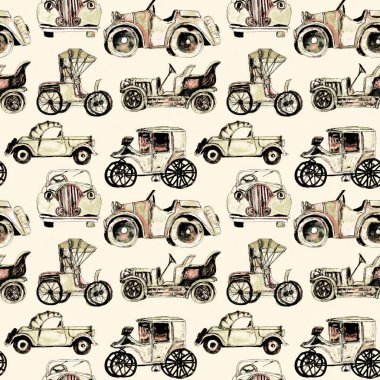 Suluboya el çizilmiş sanatsal renkli retro vintage araba dikişsiz desen 