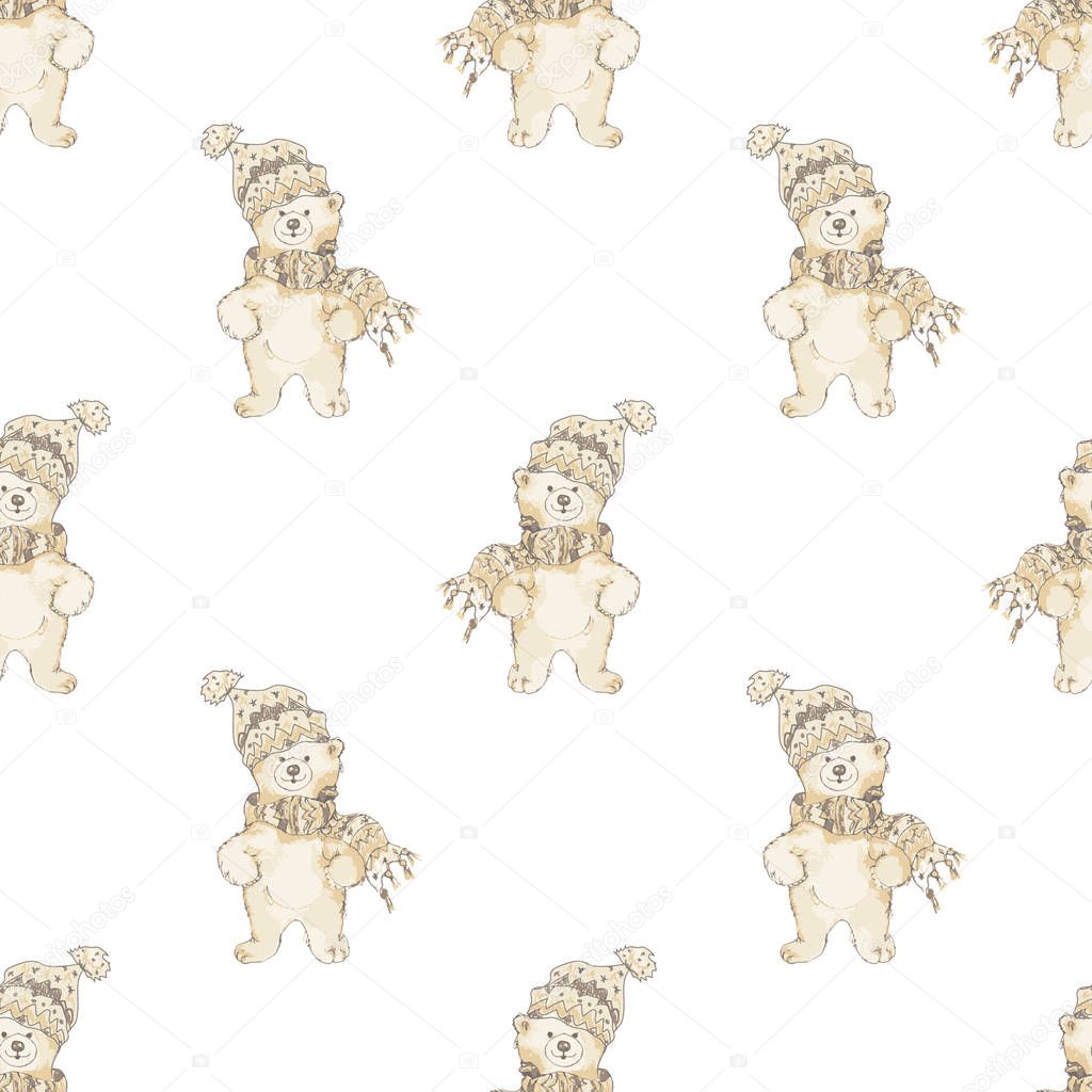 Christmas happy  baby teddy bear   seamless pattern with merry Christmas text and snowflakes