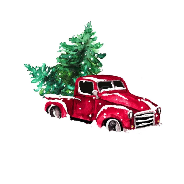 배경에 크리스마스 트리와 수채화 다채로운 복고풍 빈티지 자동차 — 스톡 사진