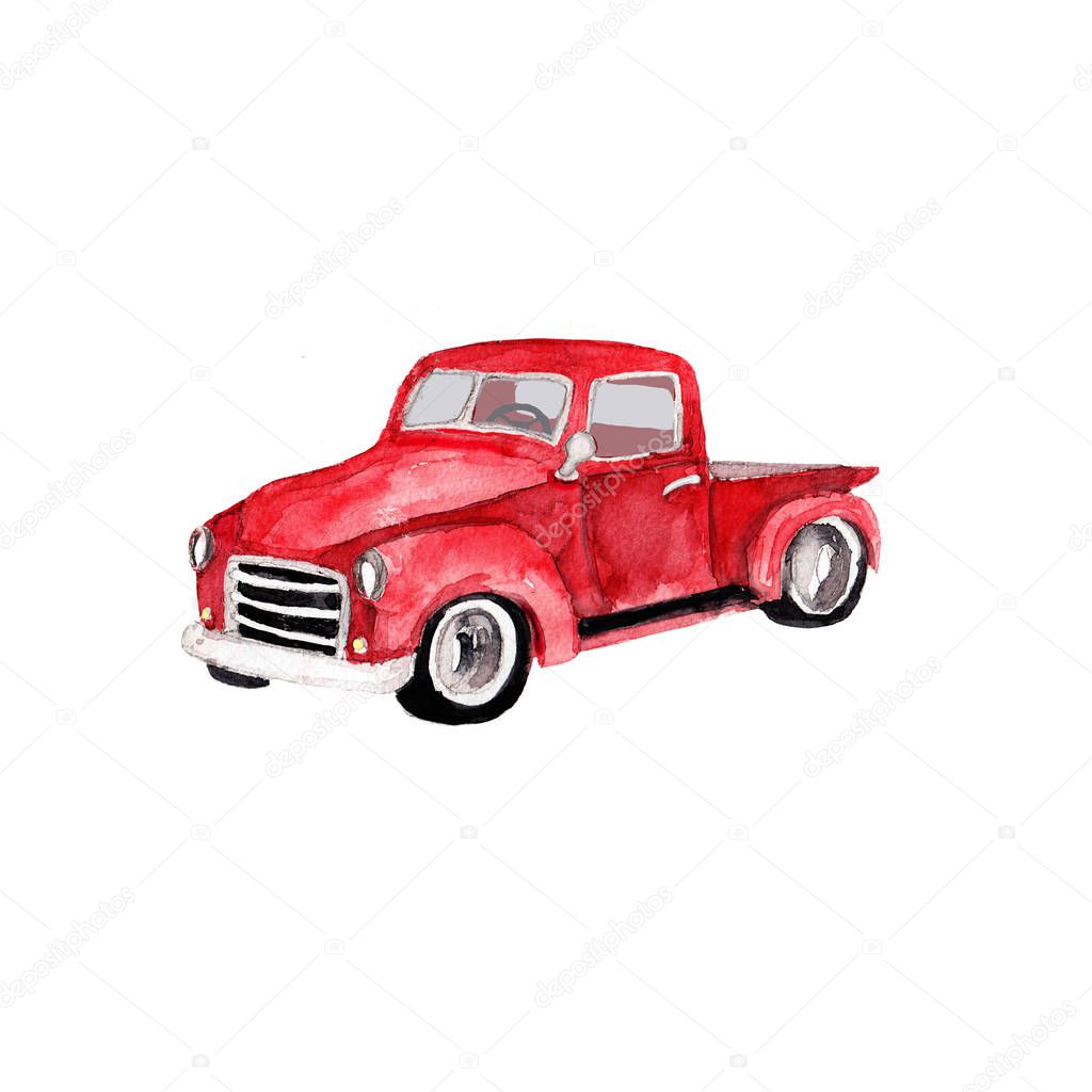 Watercolor hand drawn artistic colorful retro vintage car  with Christmas  tree isolated on white background