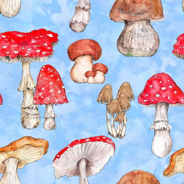 Watercolor Tangan Digambar Artistik Warna Warni Mushrooms Musim Gugur Pola — Stok Foto