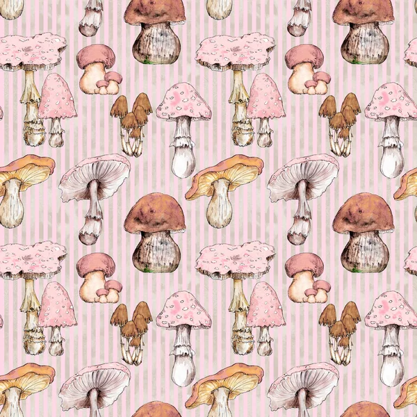 Suluboya el çizilmiş sanatsal renkli Mantarsonbahar sezon vintage dikişsiz desen