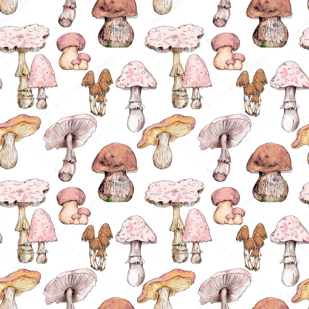 Watercolor hand drawn artistic colorful MUSHROOMS fall  season vintage seamless pattern