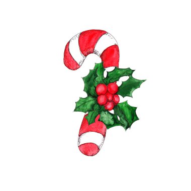 Watercolor hand drawn artistic colorful retro candy cane and gift boxes  isolated on white background