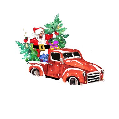 Suluboya el, Noel Baba Noel ağacı ve beyaz arka planda izole edilmiş hediye kutularıyla sanatsal renkli antika bir araba çizdi.