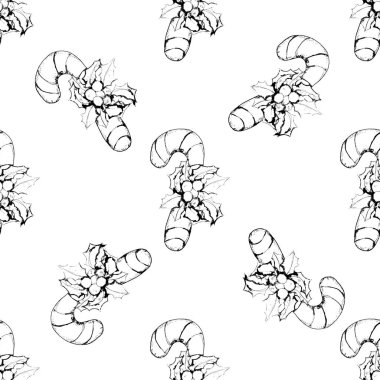 Suluboya el sanatsal monokrom Noel geleneksel dikişsiz şeker kamışı ve çoban püskülü desenli