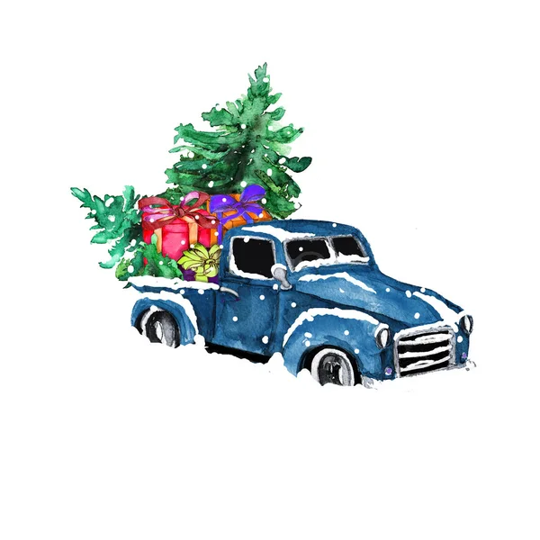 Aquarell Handgezeichnet Künstlerischen Bunten Retro Oldtimer Mit Weihnachtsbaum Und Geschenkboxen — Stockfoto