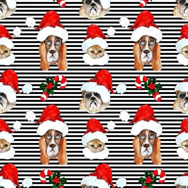 Suluboya el, Noel Baba şapkalı evcil hayvan desenli geleneksel klasik, renkli bir Noel resmi çizdi.