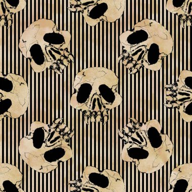 Suluboya el, sanatsal açıdan ürkütücü cadılar bayramı yırtıcısı insan kafatası, klasik, dikişsiz desen.