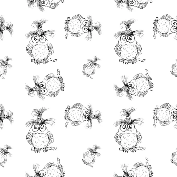 水彩手描き芸術不気味なスケッチラインアートハロウィンフクロウ漫画ヴィンテージシームレスパターン — ストック写真