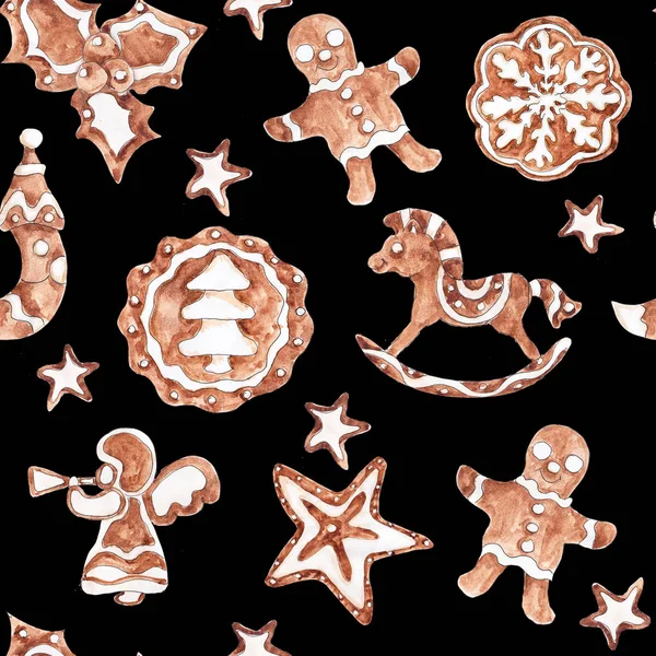 Jul Pepparkakor Kakor Akvarell Handritad Konstnärlig Vintage Sömlöst Mönster — Stockfoto