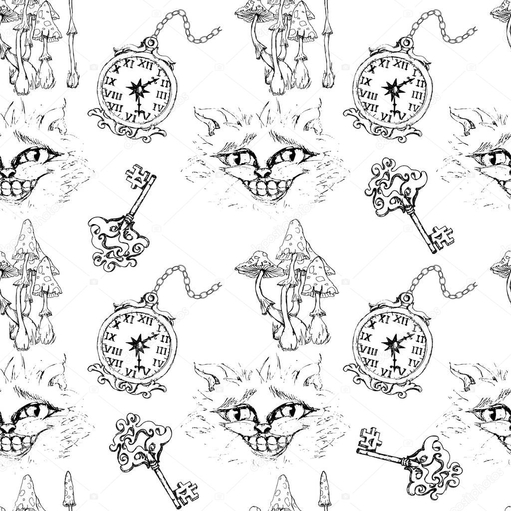 Alice in Wonderland cute clock and Cheshire cat  monochrome sketch isolated objects set seamless pattern