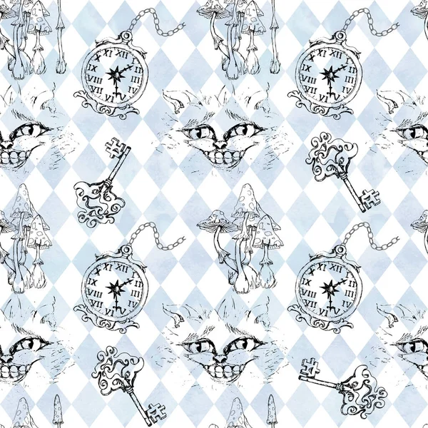 Alice Nel Paese Delle Meraviglie Carino Coniglietto Cheshire Gatto Acquerello — Foto Stock