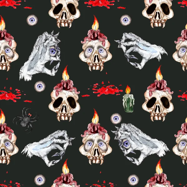 Watercolor Hand Drawn Artistic Colorful Halloween Spooky Vintage Seamless Pattern — Stock Photo, Image
