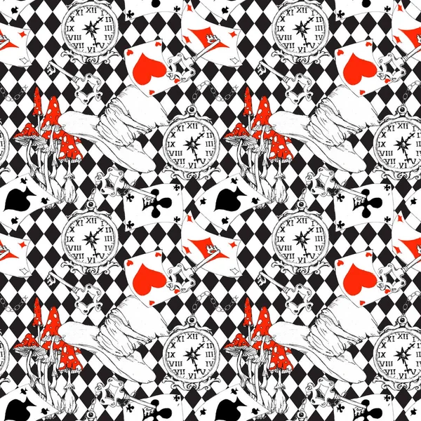 Alice Wunderland Skizziert Nahtloses Muster Schwarz Weiß Malseite Isoliert — Stockfoto