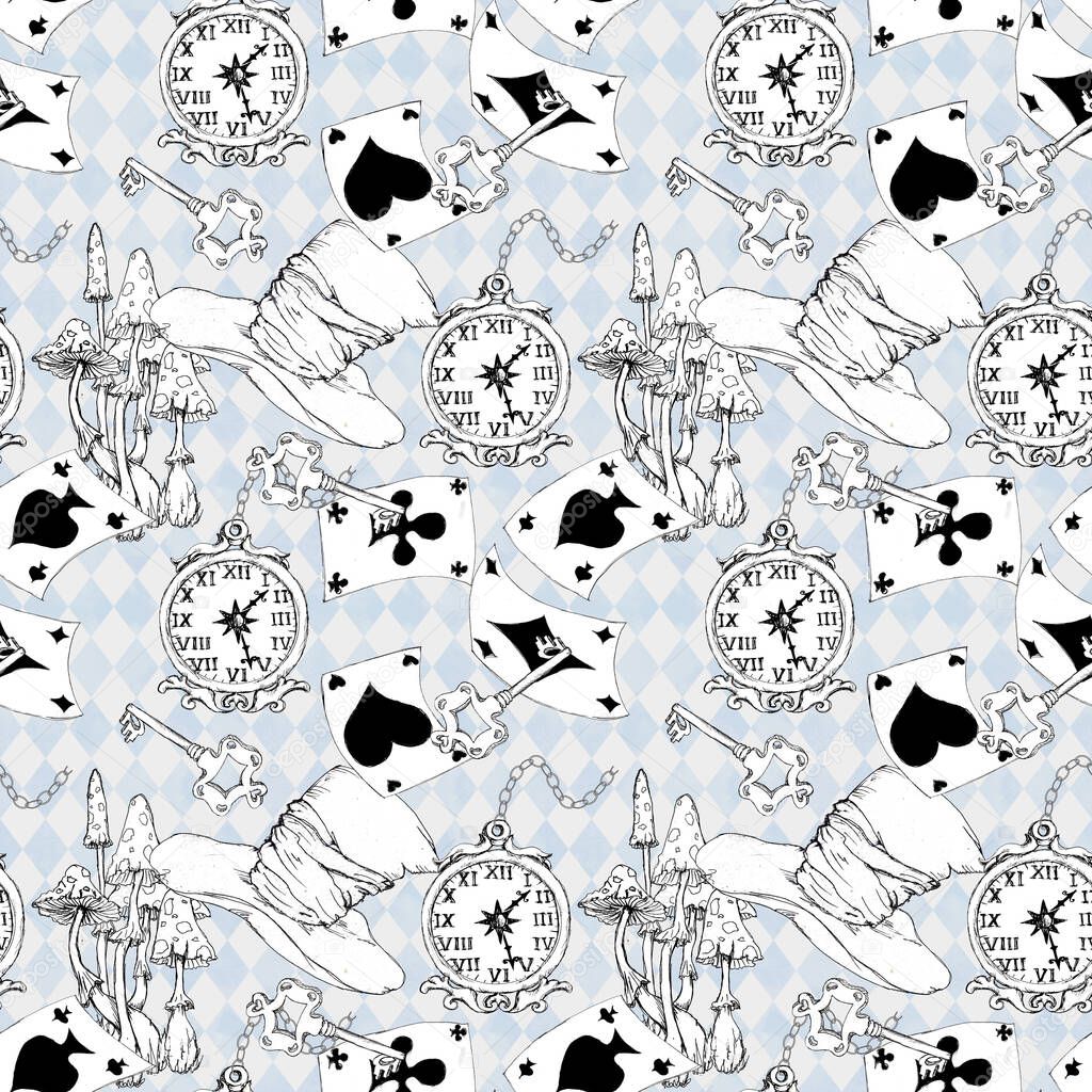 Alice in Wonderland sketched seamless pattern black white coloring page  isolated 