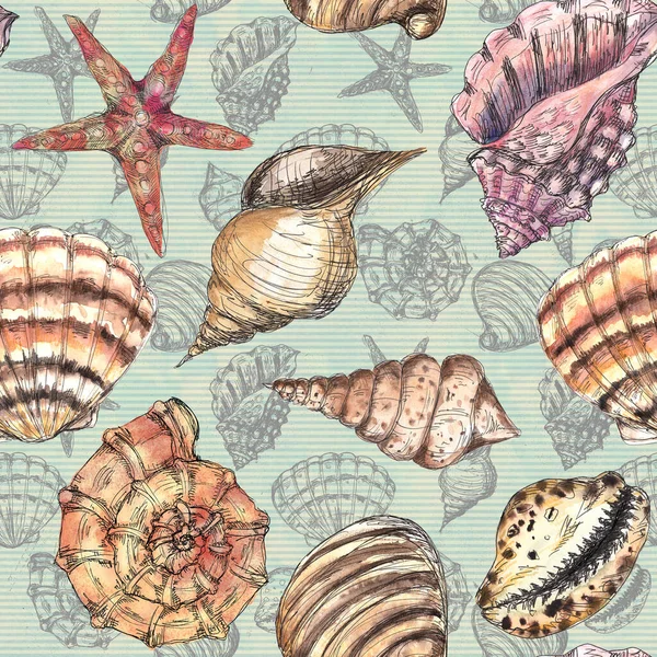 水彩手描き芸術的なカラフルな海底海洋生物シームレスな色パターン — ストック写真
