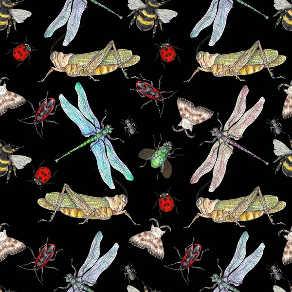 Watercolor hand drawn artistic colorful Insects  collection  seamless pattern