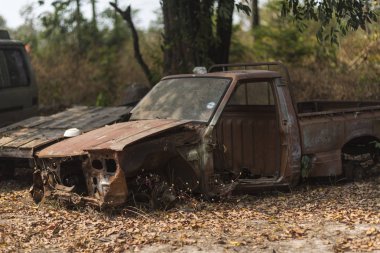 old rusty cars in the forest
