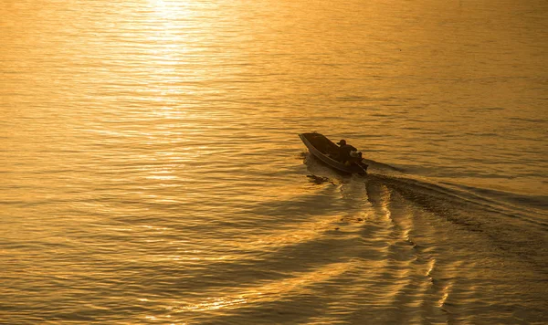 Silhouette Batelier Coucher Soleil Sur Mékong Vientiane Laos — Photo