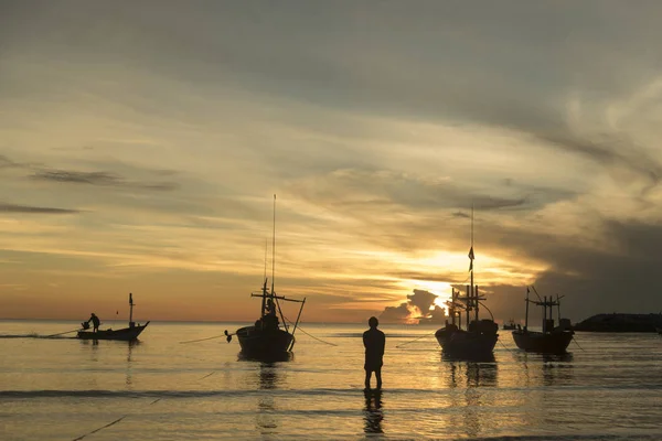 Coucher Soleil Avec Bateau Pêche — Photo