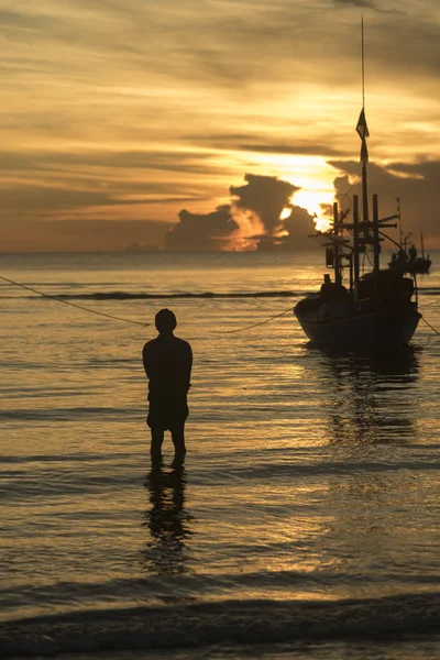 Coucher Soleil Avec Bateau Pêche — Photo