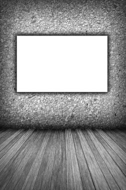 Oda iç vintage tuğla duvar, ahşap zemin ve beyaz boş afiş arka plan