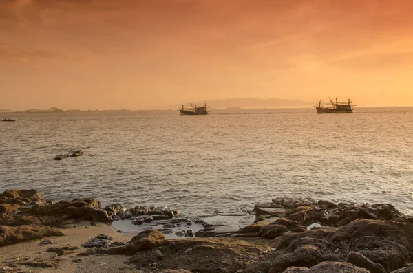 Lever Soleil Sur Mer Bateau Pêche Dans Campagne Hua Hin — Photo