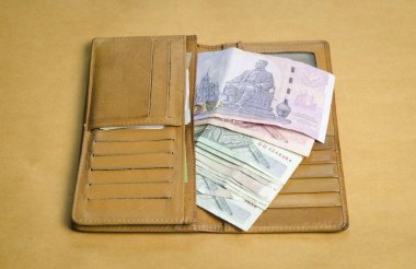 kahverengi vintage arka plan üzerinde cüzdan ve para