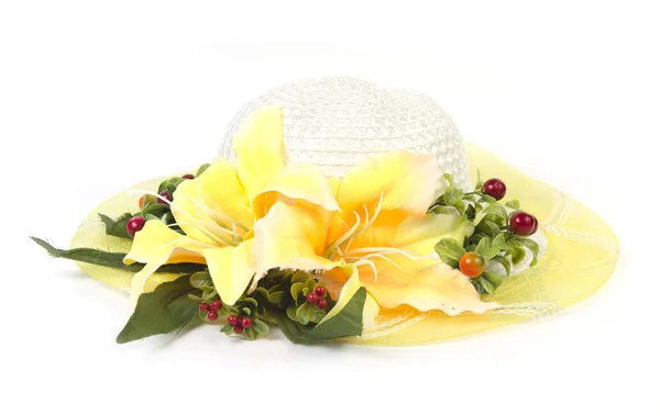 Straw Hat Decorated Flowers Isolated White Background — Stockfoto