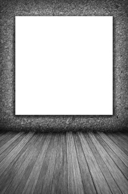 Oda iç duvar, ahşap zemin ve beyaz boş afiş arka plan siyah ve beyaz