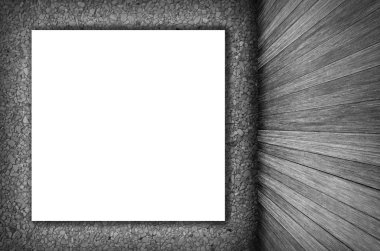 Oda iç duvar, ahşap zemin ve beyaz boş afiş arka plan siyah ve beyaz