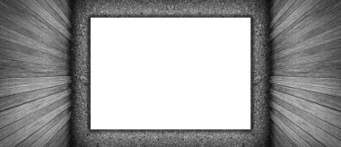 Oda iç vintage tuğla duvar, ahşap zemin ve beyaz boş afiş arka plan siyah ve beyaz