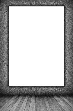 Oda iç duvar, ahşap zemin ve beyaz boş afiş arka plan