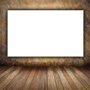 Oda iç vintage tuğla duvar, ahşap zemin ve beyaz boş afiş arka plan