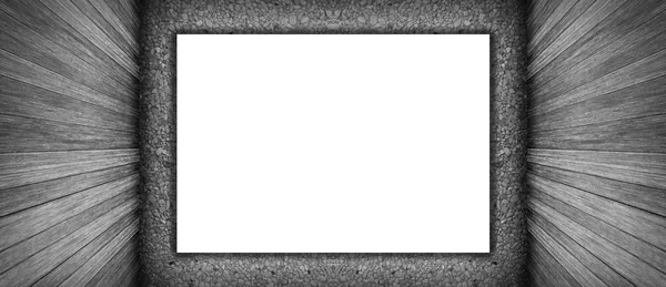 Oda iç vintage tuğla duvar, ahşap zemin ve beyaz boş afiş arka plan siyah ve beyaz