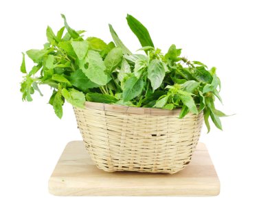 Ağarmış fesleğen (Ocimum citriodourum) üzerinde beyaz izole ahşap kesme tahtası üzerinde