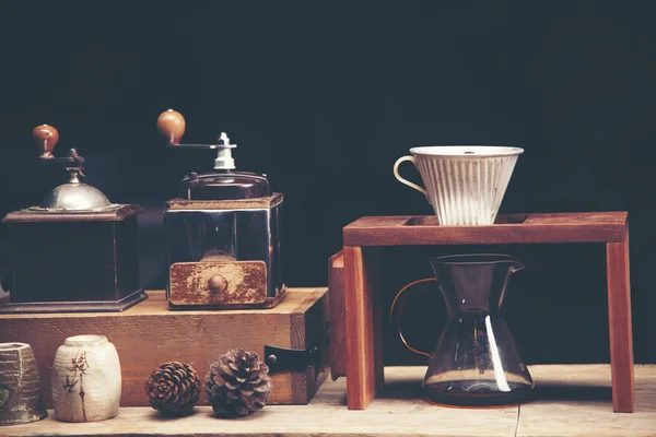 Drip coffee glass kits on the coffee bar at coffee shop cafe display.