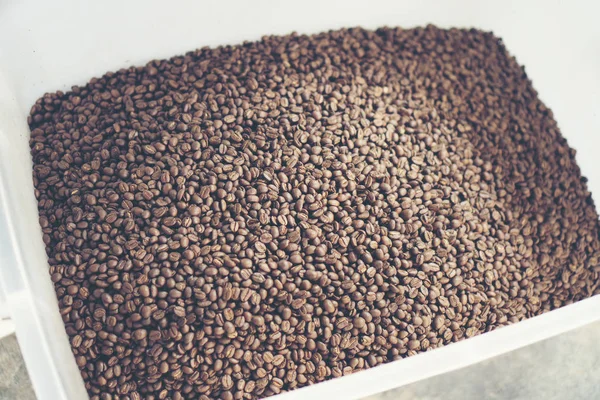 新鲜烤的咖啡豆从被注入到冷却缸大咖啡焙烧炉 运动模糊的豆子 — 图库照片