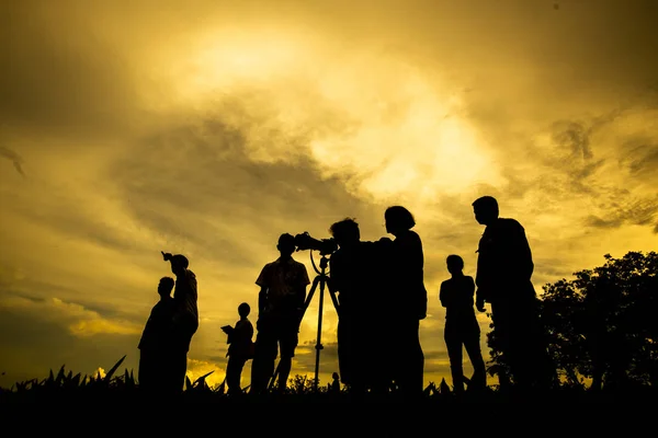 Silhouette Picture Many People Sunset — Stock Photo, Image