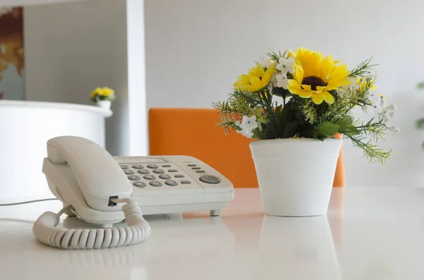 telephone and flower in vase on desk