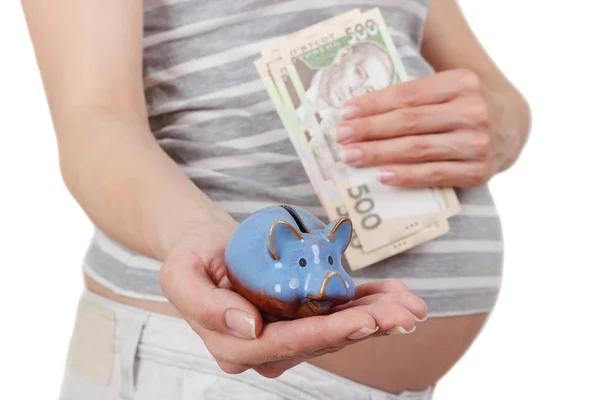 Těhotná Žena Bankovkami Pět Set Hryvnias Prasátko Izolované — Stock fotografie