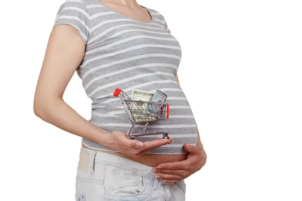 Беременная Женщина Небольшой Корзиной Деньги Руке Изолированные Белом Фоне — стоковое фото