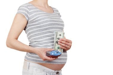 Bir küçük alışveriş sepeti ve beyaz arka plan üzerinde izole elinde para ile hamile kadın