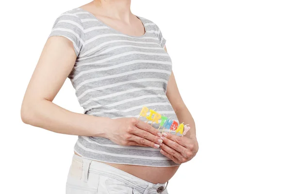 Těhotná Žena Narozeniny Text Pro Novorozence Samostatný — Stock fotografie